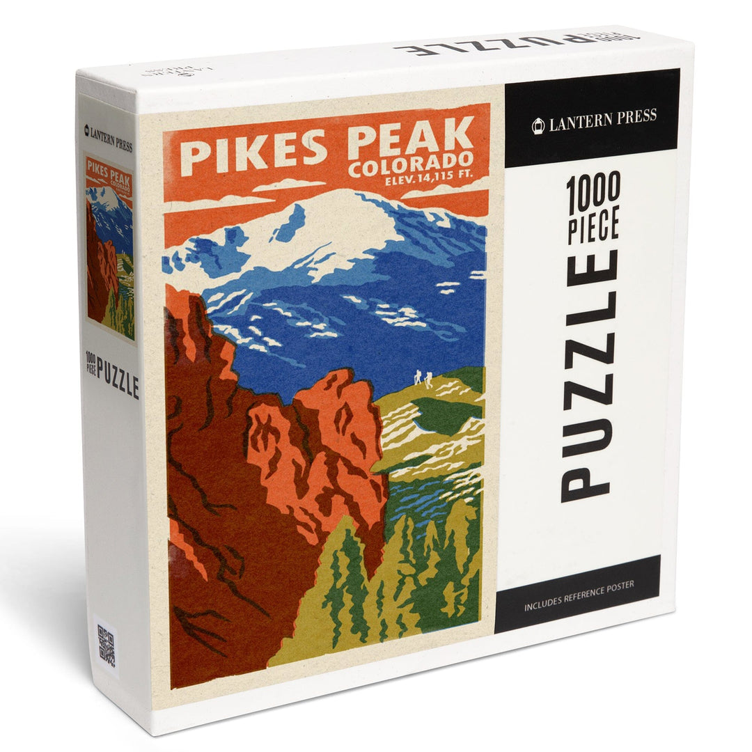 Pikes Peak, Colorado, Woodblock, Jigsaw Puzzle Puzzle Lantern Press 