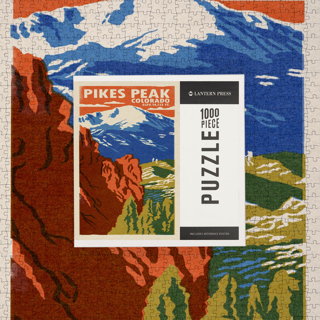 Pikes Peak, Colorado, Woodblock, Jigsaw Puzzle Puzzle Lantern Press 