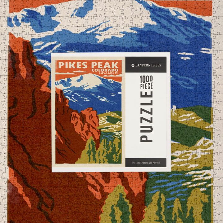 Pikes Peak, Colorado, Woodblock, Jigsaw Puzzle Puzzle Lantern Press 