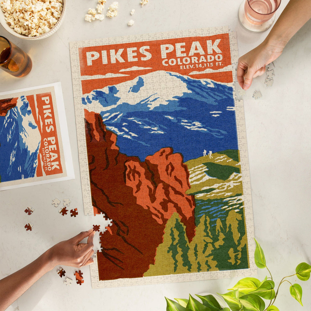Pikes Peak, Colorado, Woodblock, Jigsaw Puzzle Puzzle Lantern Press 