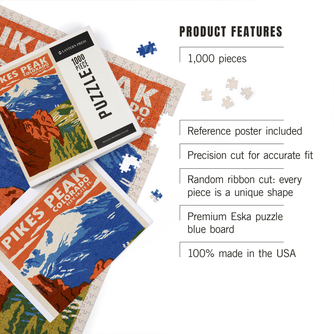 Pikes Peak, Colorado, Woodblock, Jigsaw Puzzle Puzzle Lantern Press 