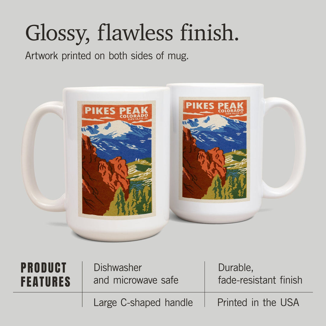 Pikes Peak, Colorado, Woodblock, Lantern Press Artwork, Ceramic Mug Mugs Lantern Press 