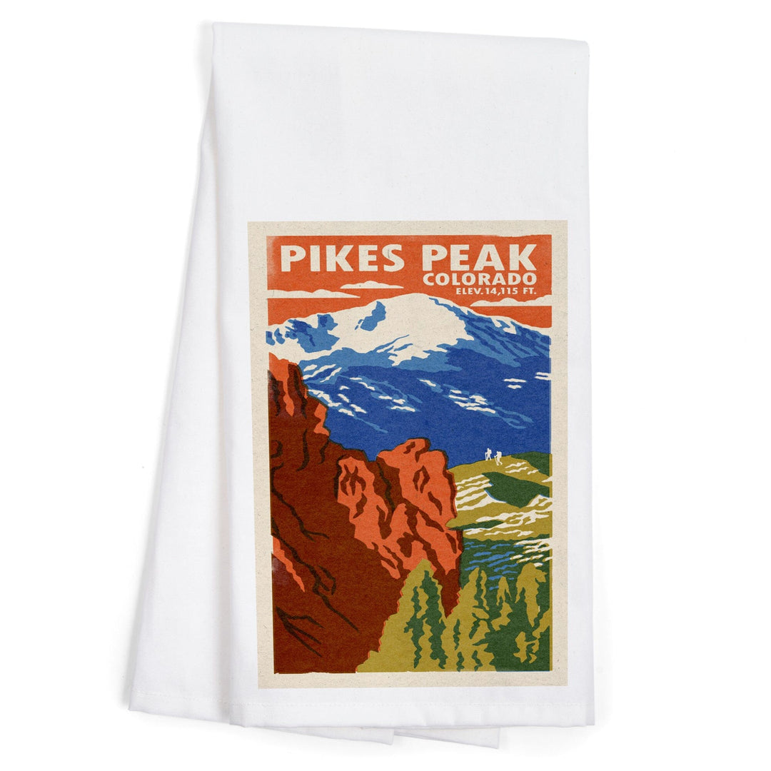 Pikes Peak, Colorado, Woodblock, Organic Cotton Kitchen Tea Towels Kitchen Lantern Press 