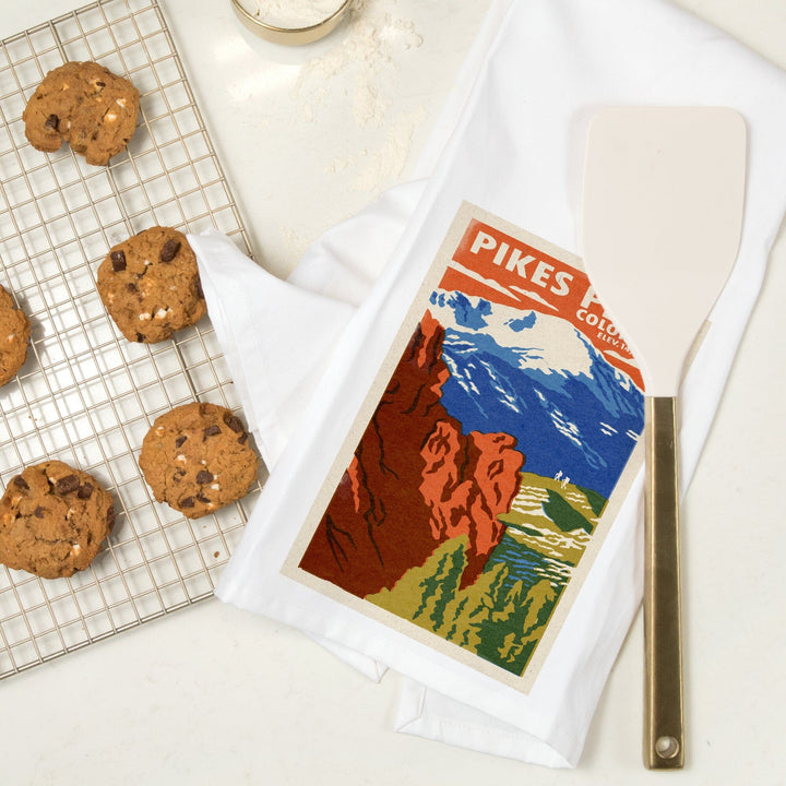 Pikes Peak, Colorado, Woodblock, Organic Cotton Kitchen Tea Towels Kitchen Lantern Press 