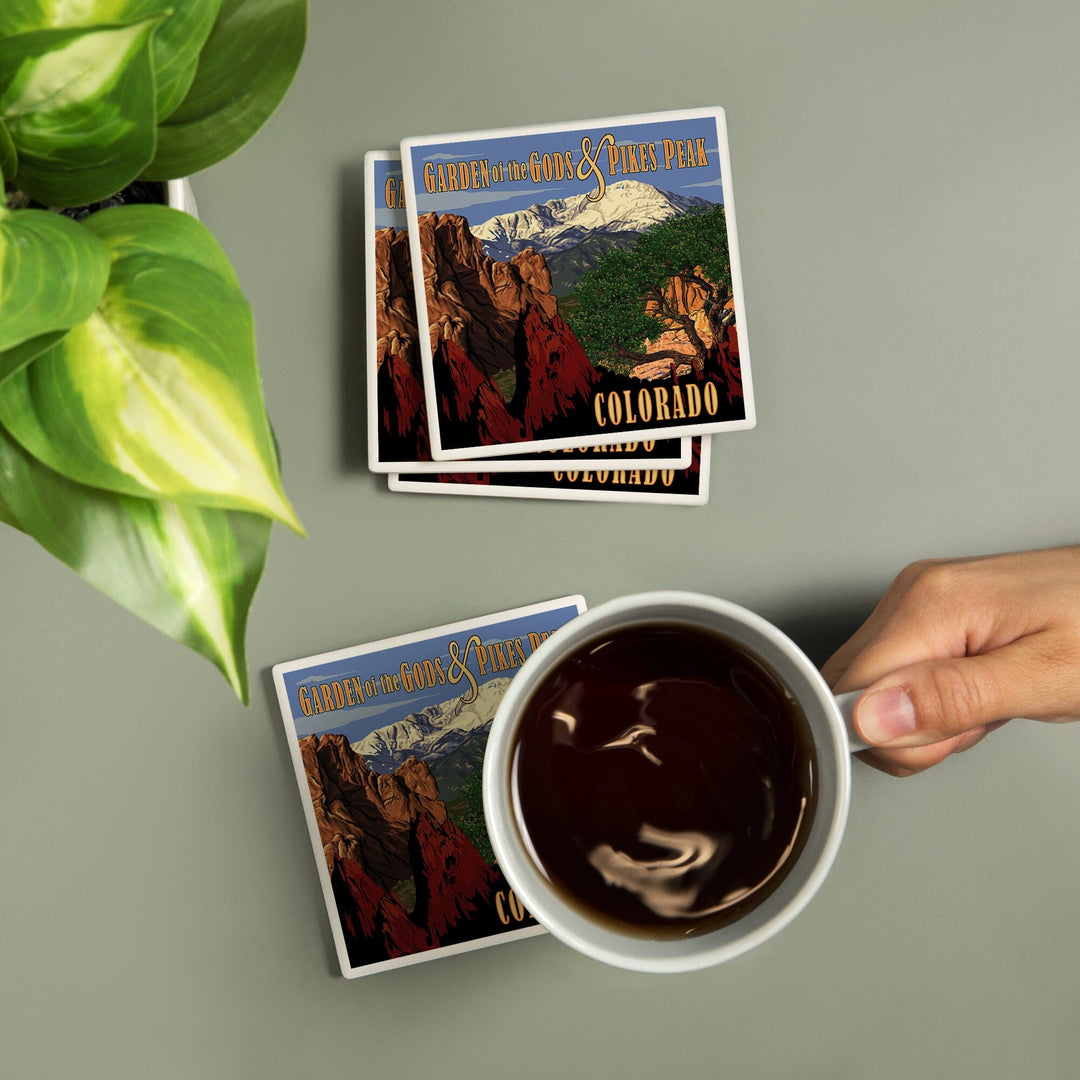 Pikes Peak from Garden of the Gods, Colorado, Lantern Press Artwork, Coaster Set Coasters Lantern Press 