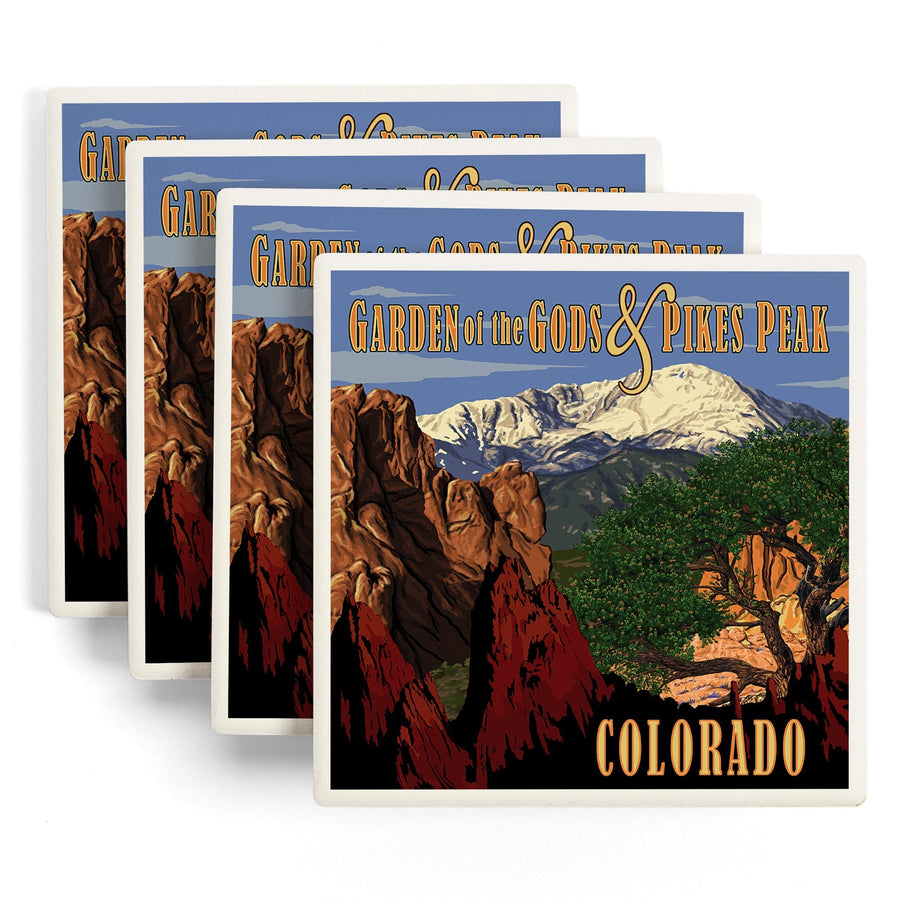 Pikes Peak from Garden of the Gods, Colorado, Lantern Press Artwork, Coaster Set Coasters Lantern Press 