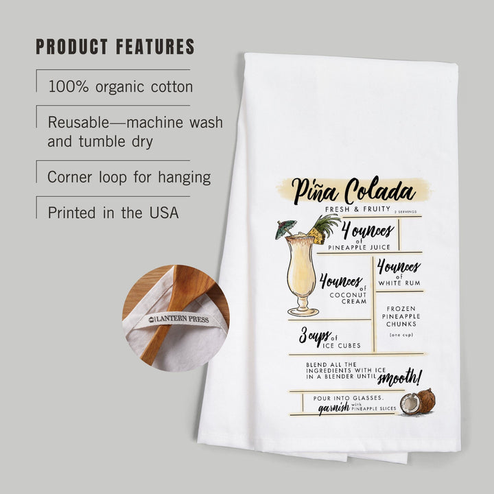 Pina Colada, Cocktail Recipe, Organic Cotton Kitchen Tea Towels Kitchen Lantern Press 