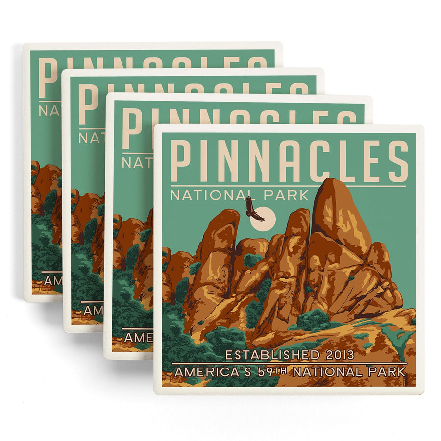 Pinnacles National Park, California, WPA Formations & Condor, Lantern Press Artwork, Coaster Set Coasters Lantern Press 