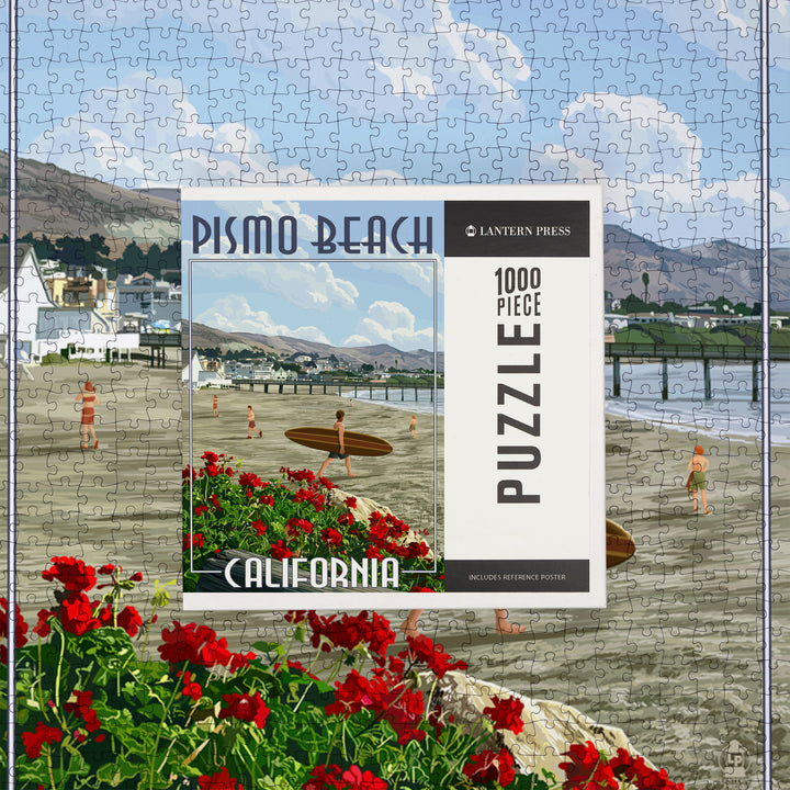Pismo Beach, California, Beach and Surfer Scene, Jigsaw Puzzle Puzzle Lantern Press 