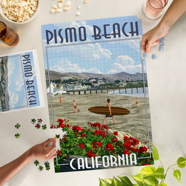 Pismo Beach, California, Beach and Surfer Scene, Jigsaw Puzzle Puzzle Lantern Press 