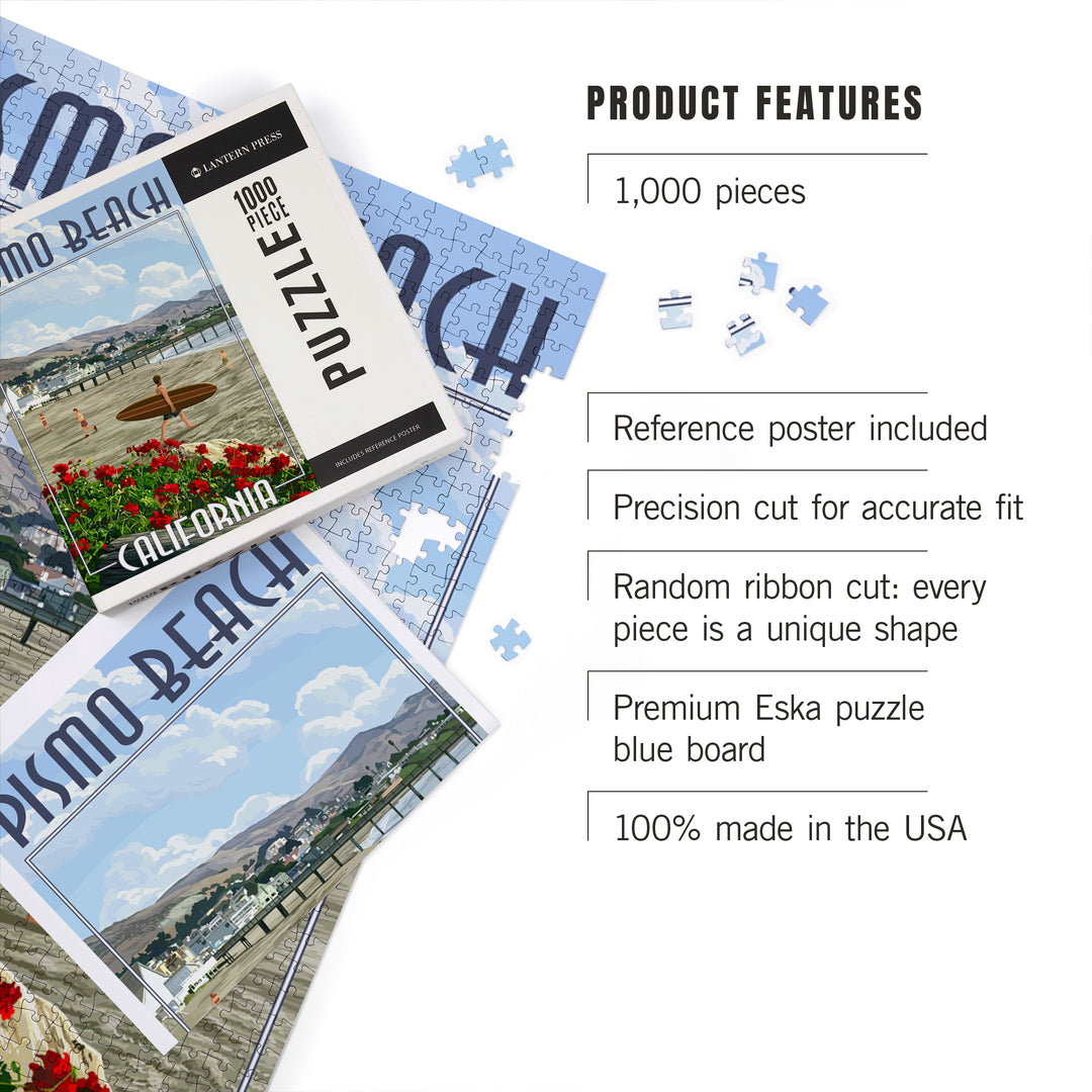 Pismo Beach, California, Beach and Surfer Scene, Jigsaw Puzzle Puzzle Lantern Press 