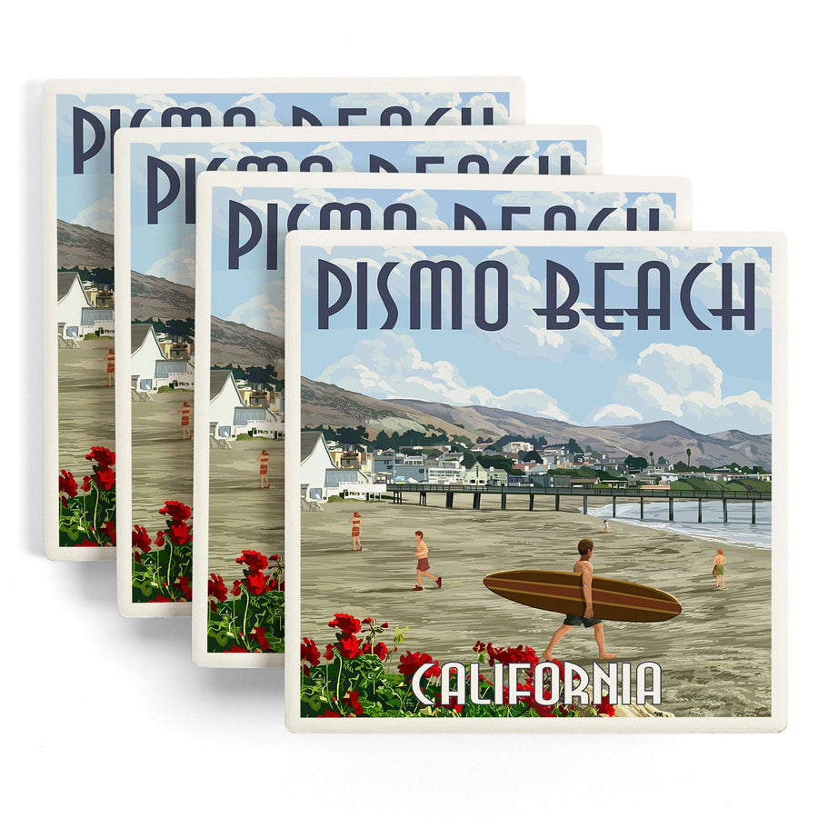 Pismo Beach, California, Beach and Surfer Scene, Lantern Press Artwork, Coaster Set Coasters Lantern Press 