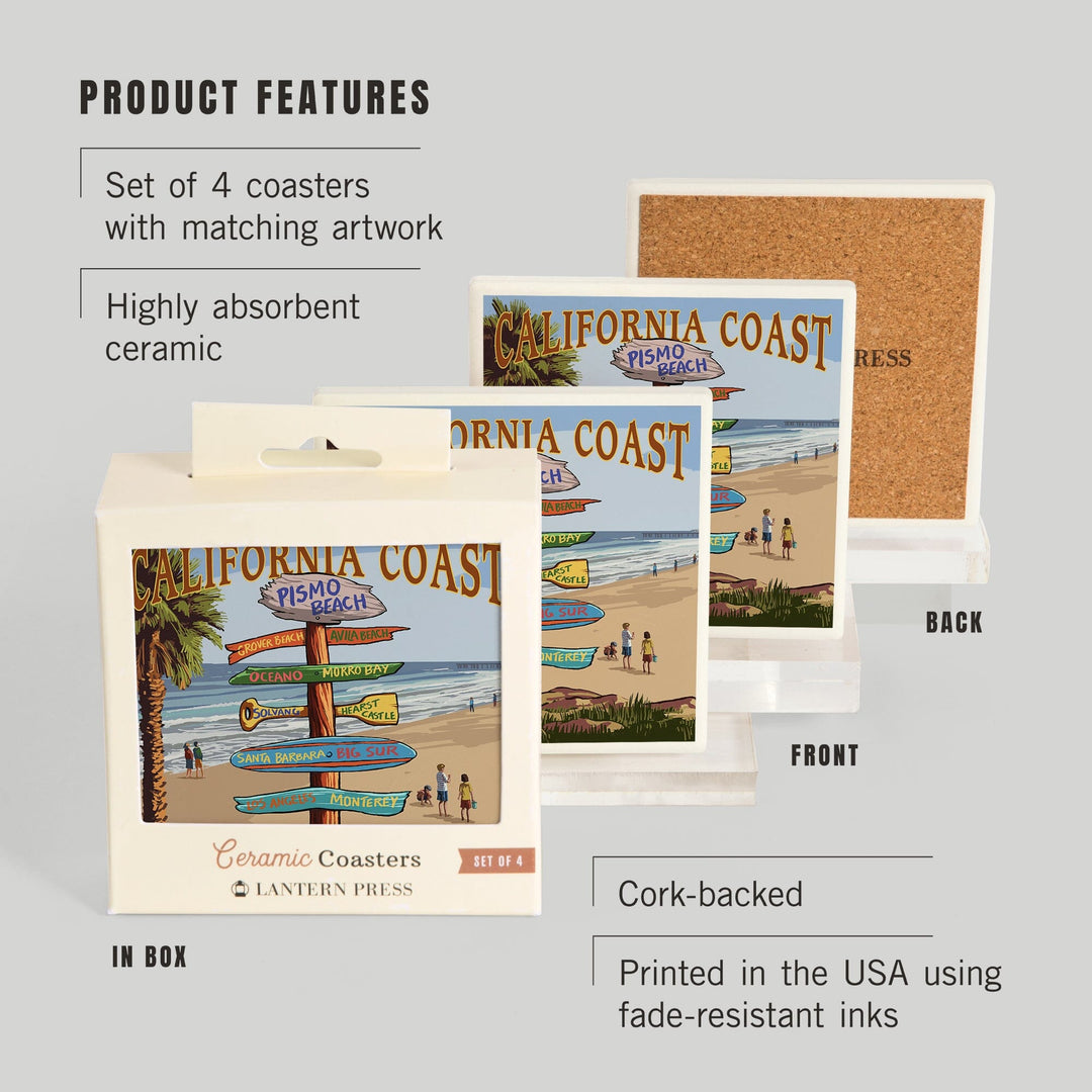 Pismo Beach, California, Destinations Sign, Coasters Coasters Lantern Press 