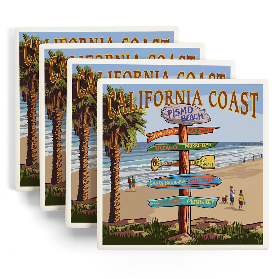 Pismo Beach, California, Destinations Sign, Lantern Press Artwork, Coaster Set Coasters Lantern Press 