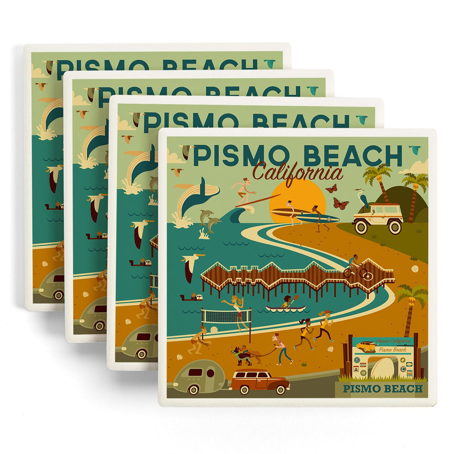 Pismo Beach, California, Geometric, Blue Sky, Lantern Press Artwork, Coaster Set Coasters Lantern Press 