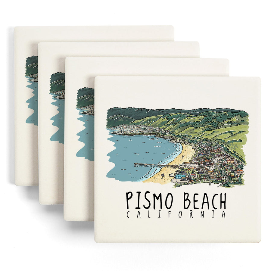 Pismo Beach, California, Line Drawing, Lantern Press Artwork, Coaster Set Coasters Lantern Press 