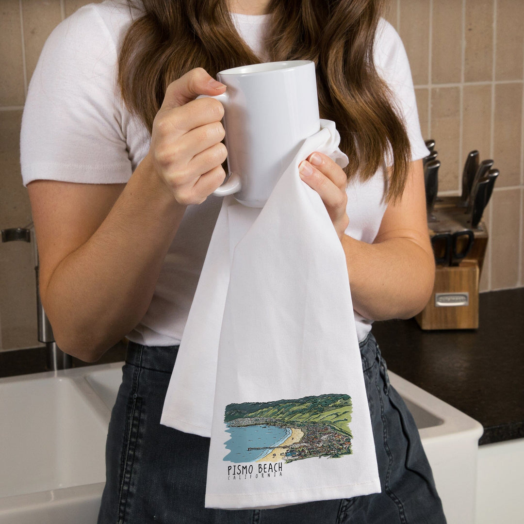 Pismo Beach, California, Line Drawing, Organic Cotton Kitchen Tea Towels Kitchen Lantern Press 