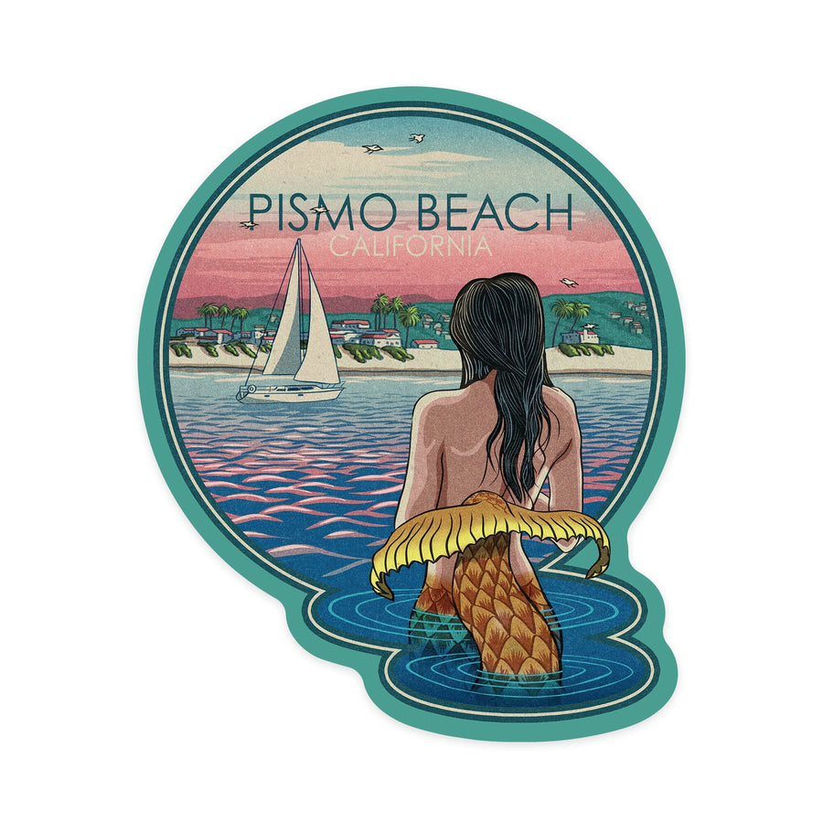 Pismo Beach, California, Mermaid & Beach, Contour, Lantern Press Artwork, Vinyl Sticker Sticker Lantern Press 