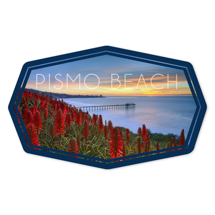 Pismo Beach, California, Ocean View with Red Aloe Flowers, Contour, Vinyl Sticker Sticker Lantern Press 