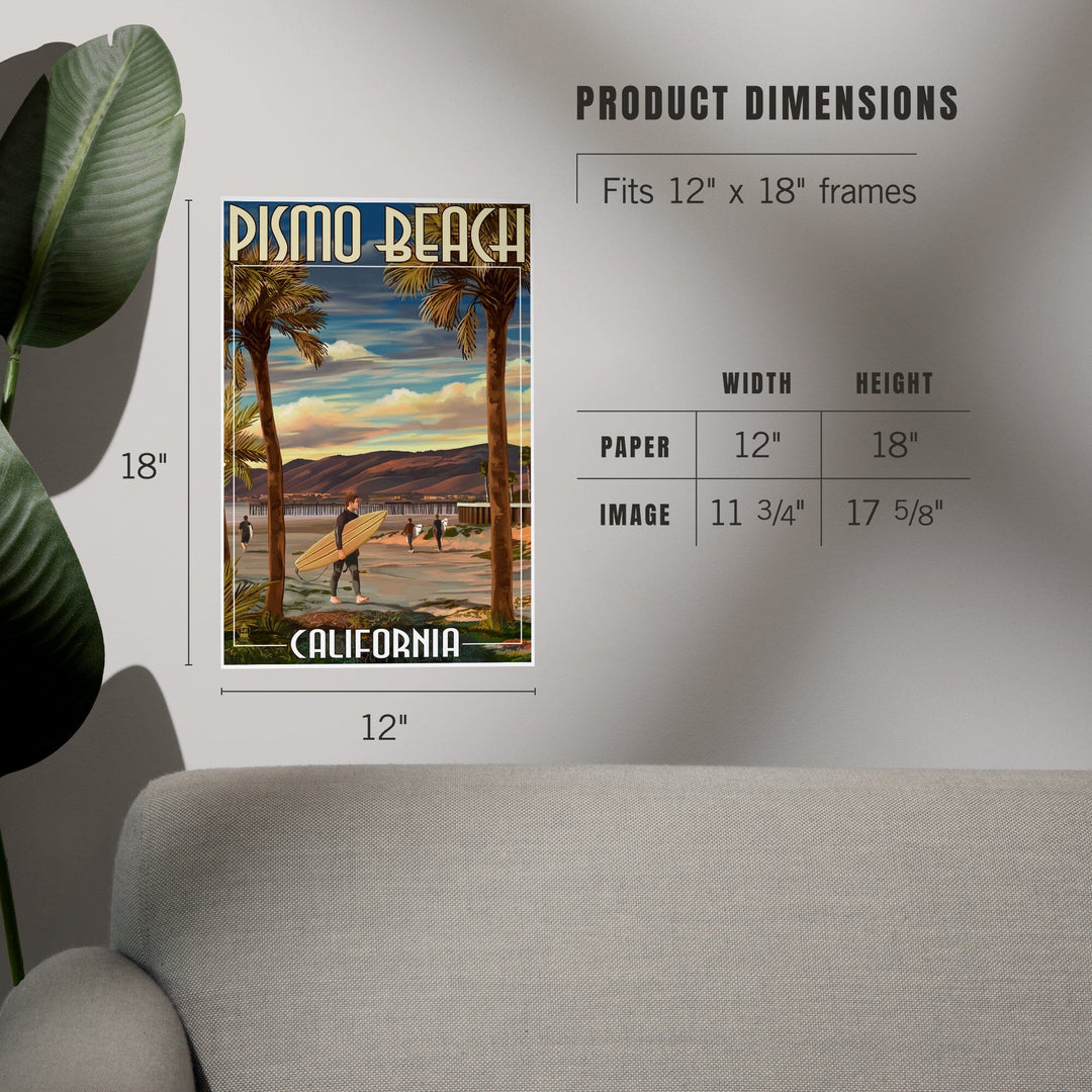 Pismo Beach, California, Surfer and Pier, Art & Giclee Prints Art Lantern Press 