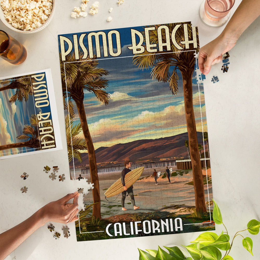 Pismo Beach, California, Surfer and Pier, Jigsaw Puzzle Puzzle Lantern Press 