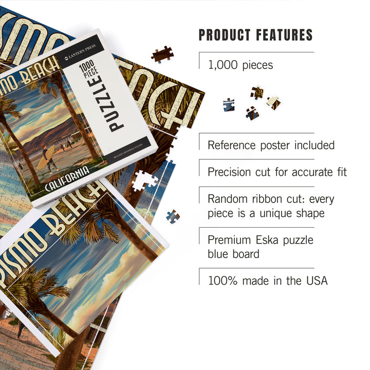 Pismo Beach, California, Surfer and Pier, Jigsaw Puzzle Puzzle Lantern Press 