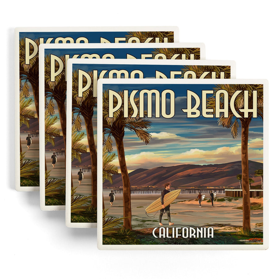 Pismo Beach, California, Surfer & Pier, Lantern Press Artwork, Coaster Set Coasters Lantern Press 