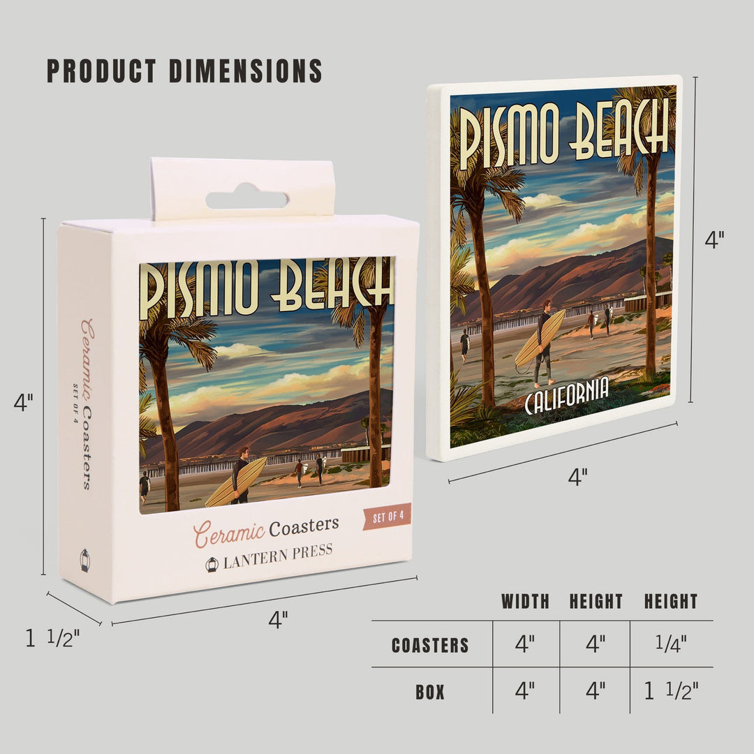 Pismo Beach, California, Surfer & Pier, Lantern Press Artwork, Coaster Set Coasters Lantern Press 