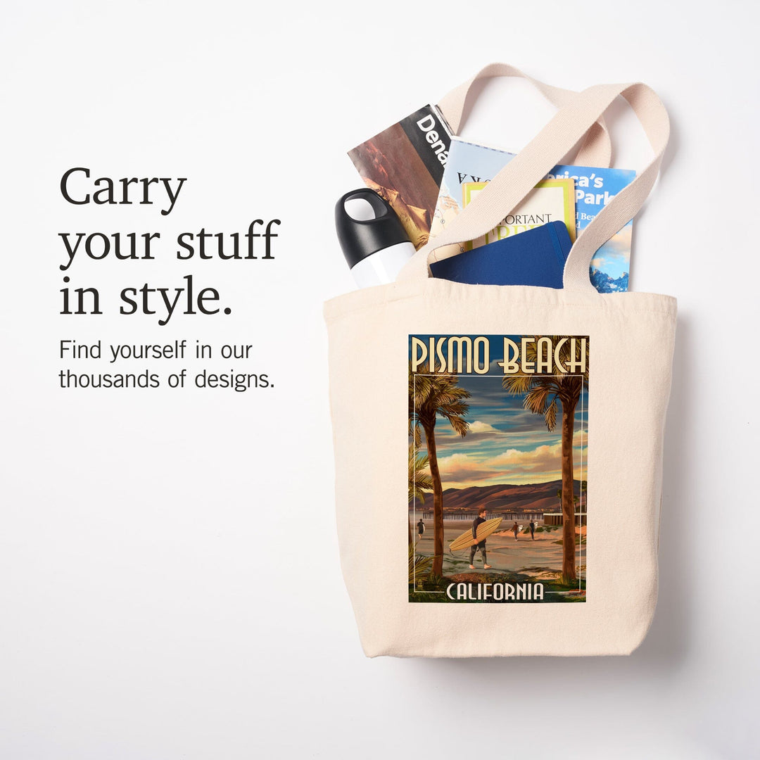 Pismo Beach, California, Surfer & Pier, Lantern Press Artwork, Tote Bag Totes Lantern Press 