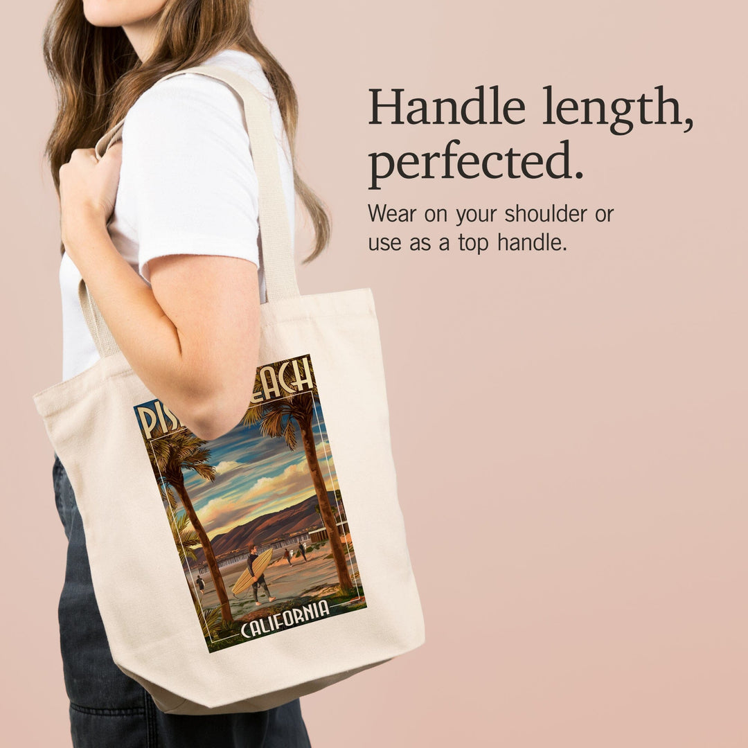 Pismo Beach, California, Surfer & Pier, Lantern Press Artwork, Tote Bag Totes Lantern Press 