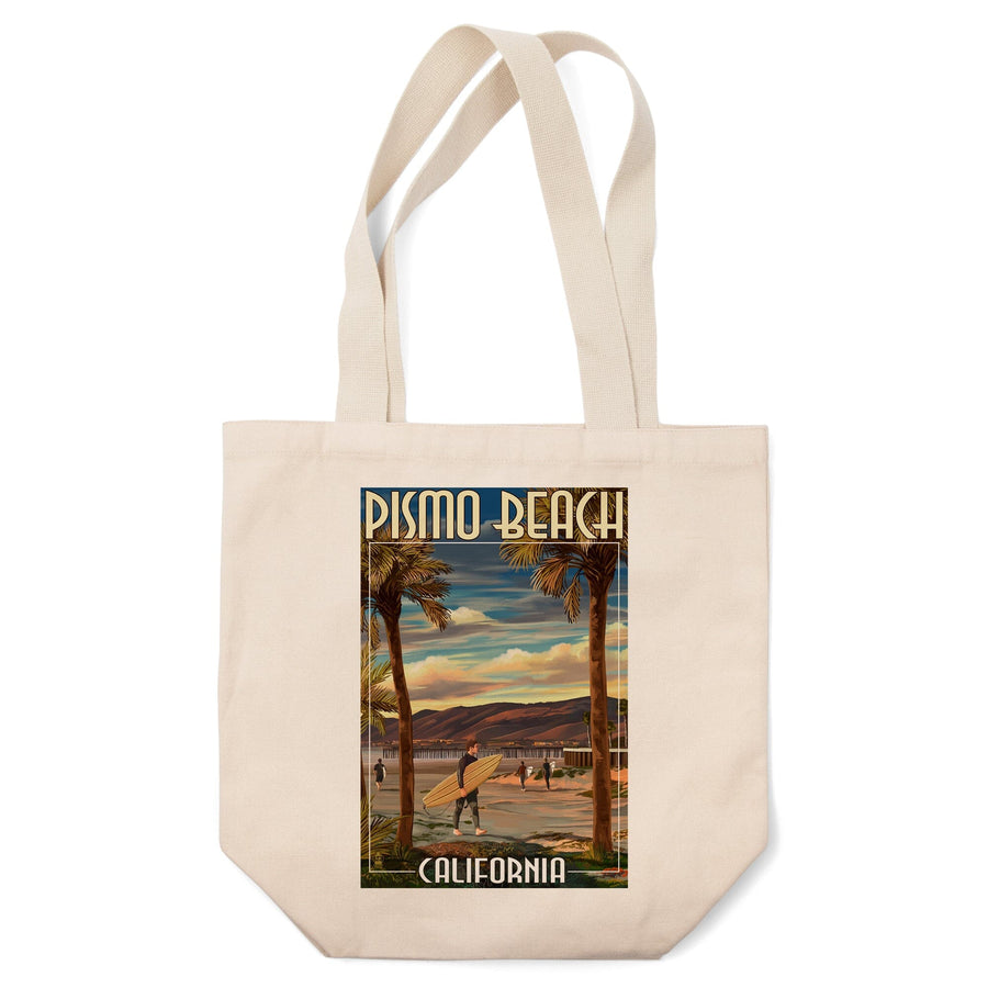 Pismo Beach, California, Surfer & Pier, Lantern Press Artwork, Tote Bag Totes Lantern Press 
