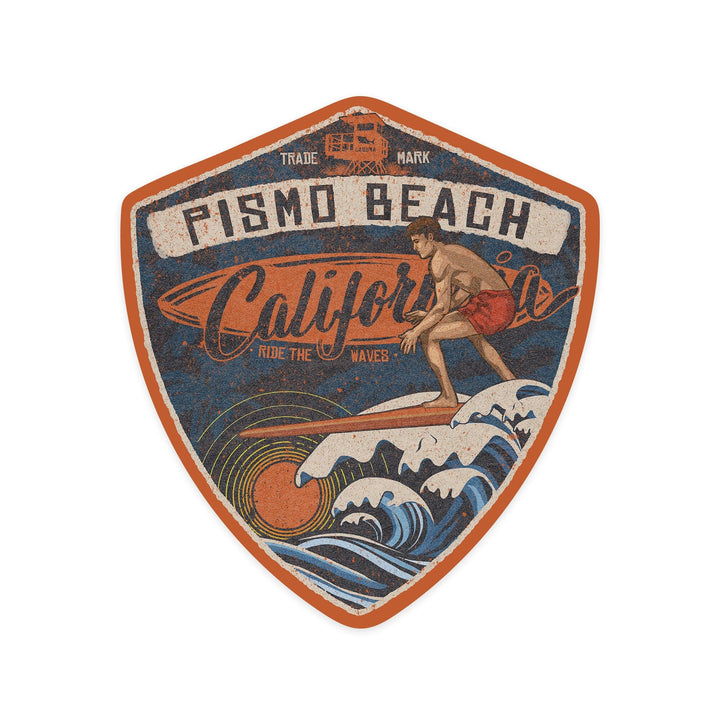 Pismo Beach, California, Surfer Scene, Contour, Lantern Press Artwork, Vinyl Sticker Sticker Lantern Press 