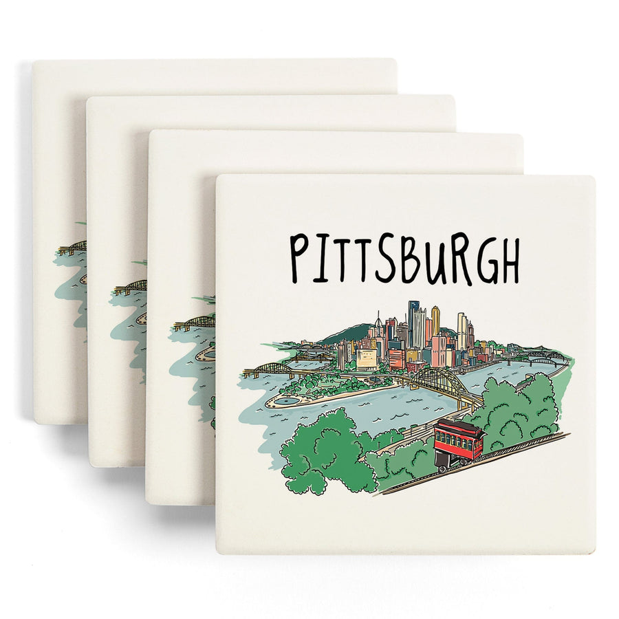 Pittsburgh, Pennsylvania, Line Drawing, Lantern Press Artwork, Coaster Set Coasters Lantern Press 