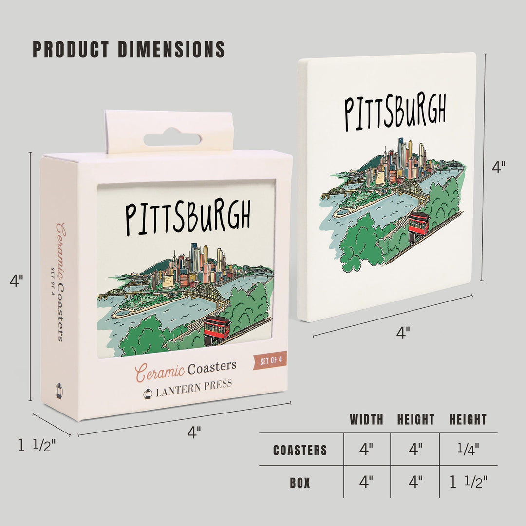 Pittsburgh, Pennsylvania, Line Drawing, Lantern Press Artwork, Coaster Set Coasters Lantern Press 