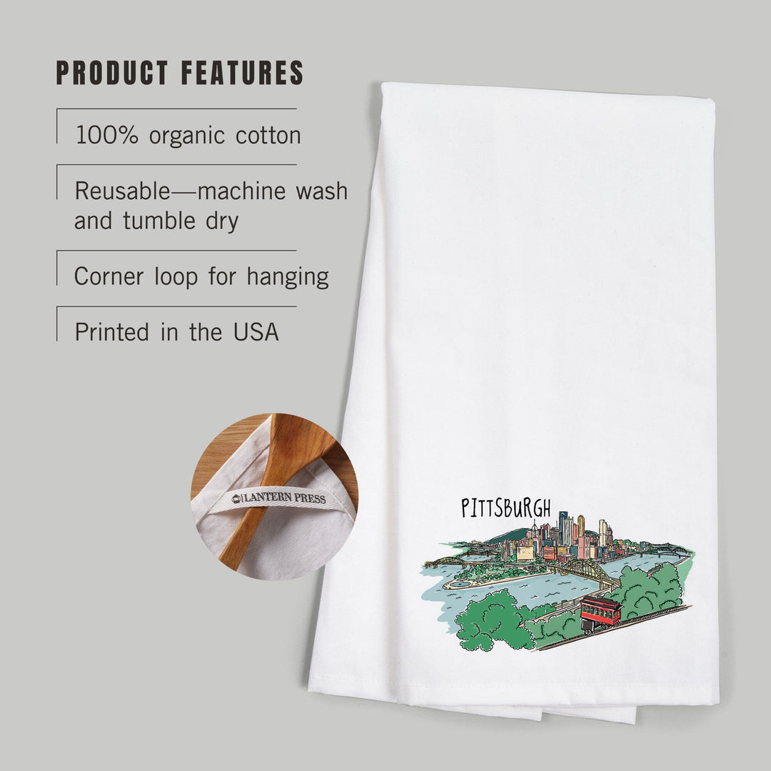 Pittsburgh, Pennsylvania, Line Drawing, Organic Cotton Kitchen Tea Towels Kitchen Lantern Press 