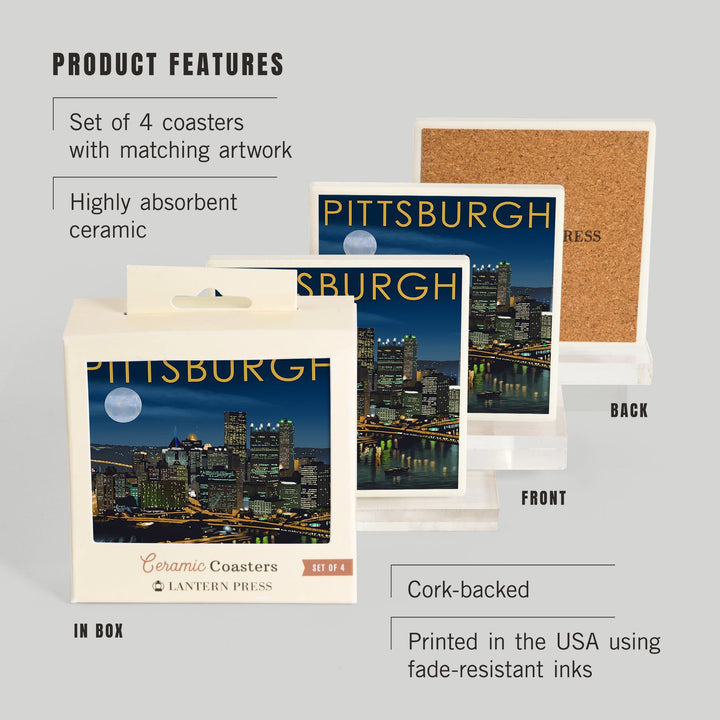 Pittsburgh, Pennsylvania, Skyline at Night, Coasters Coasters Lantern Press 