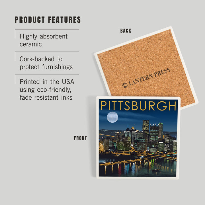 Pittsburgh, Pennsylvania, Skyline at Night, Coasters Coasters Lantern Press 