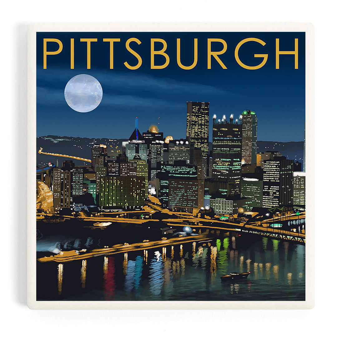 Pittsburgh, Pennsylvania, Skyline at Night, Coasters Coasters Lantern Press Coaster 