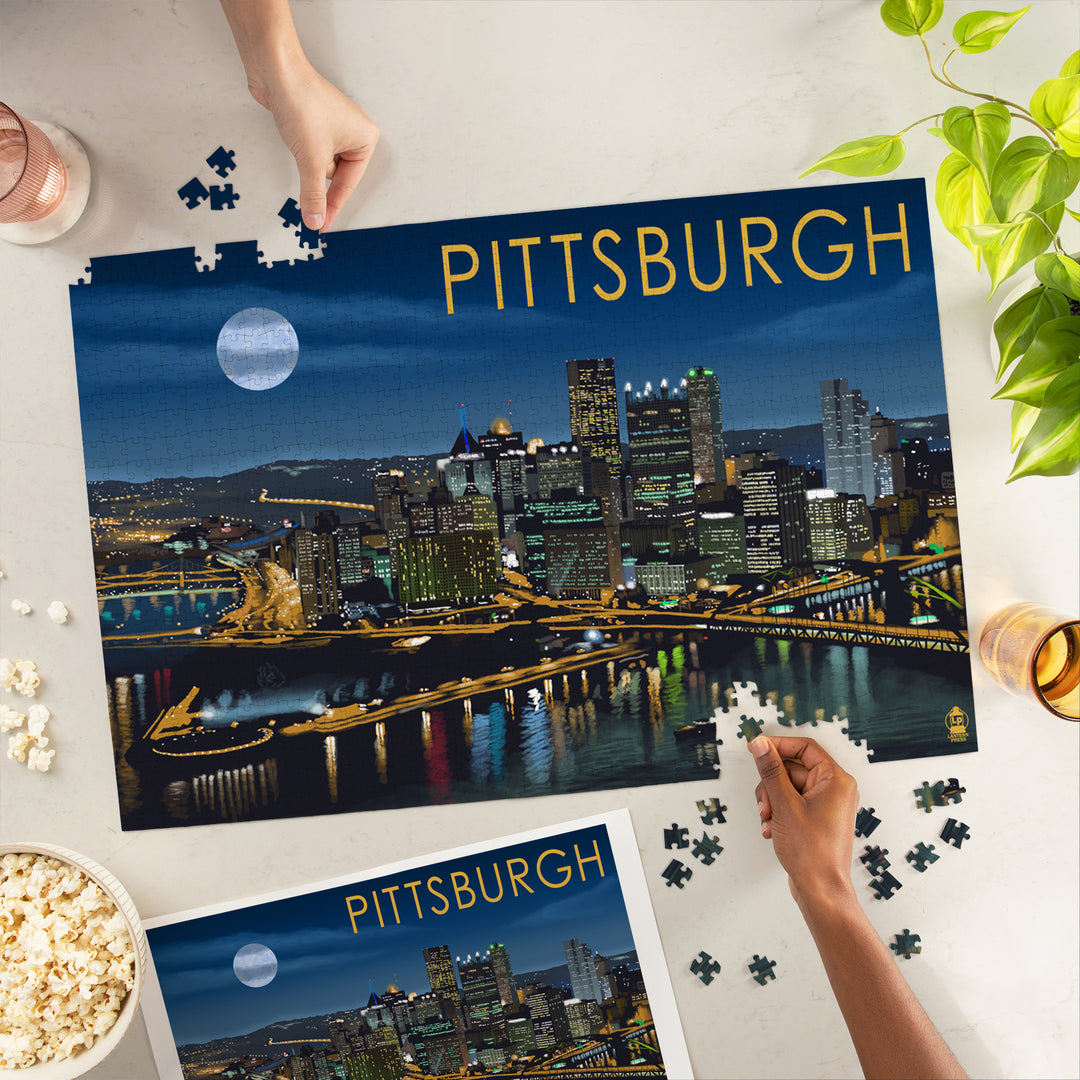 Pittsburgh, Pennsylvania, Skyline at Night, Jigsaw Puzzle Puzzle Lantern Press 