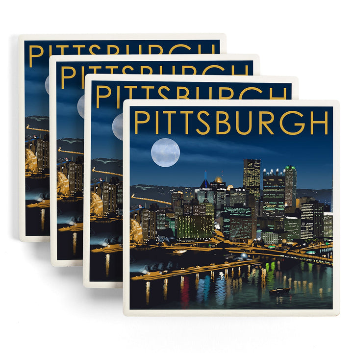 Pittsburgh, Pennsylvania, Skyline at Night, Lantern Press Artwork, Coaster Set Coasters Lantern Press 