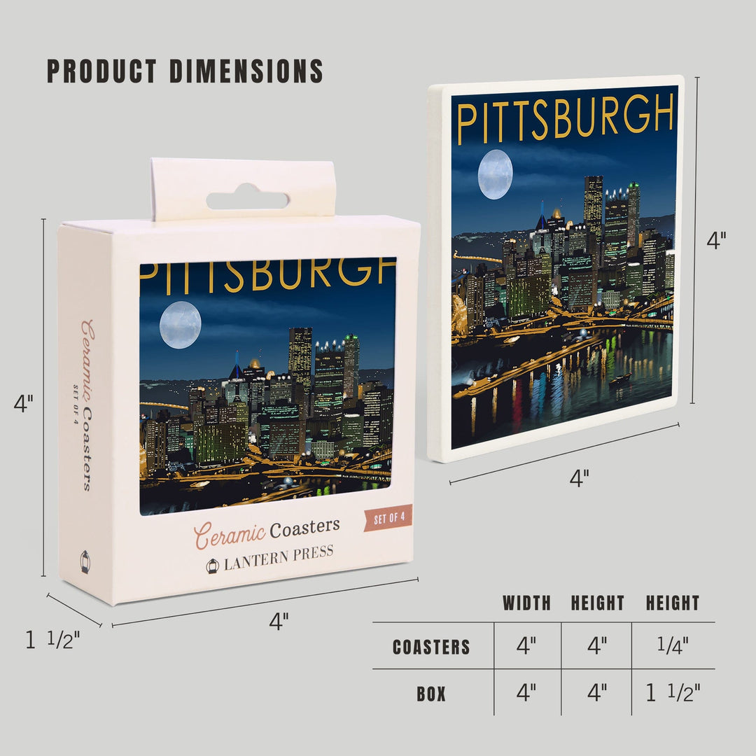 Pittsburgh, Pennsylvania, Skyline at Night, Lantern Press Artwork, Coaster Set Coasters Lantern Press 