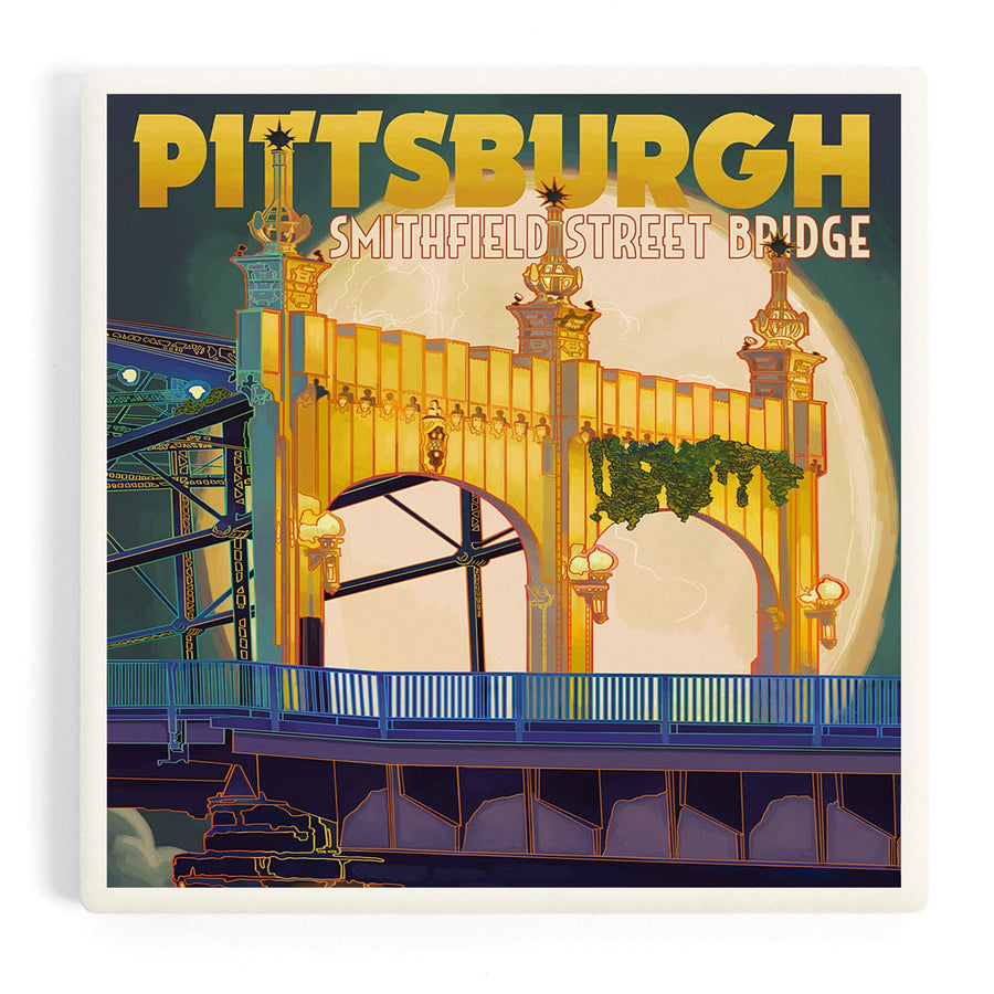 Pittsburgh, Pennsylvania, Smithfield St. Bridge and Moon, Coasters Coasters Lantern Press 