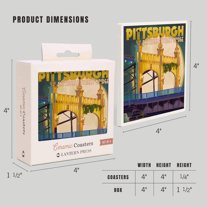 Pittsburgh, Pennsylvania, Smithfield St. Bridge and Moon, Coasters Coasters Lantern Press 