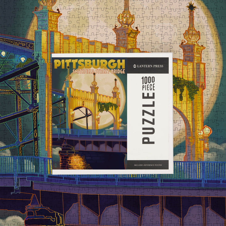 Pittsburgh, Pennsylvania, Smithfield St. Bridge and Moon, Jigsaw Puzzle Puzzle Lantern Press 