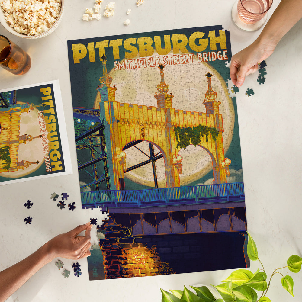 Pittsburgh, Pennsylvania, Smithfield St. Bridge and Moon, Jigsaw Puzzle Puzzle Lantern Press 