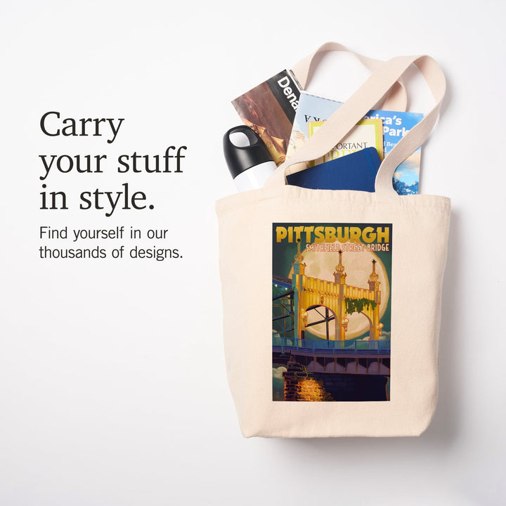Pittsburgh, Pennsylvania, Smithfield St. Bridge and Moon, Tote Bag Totes Lantern Press 
