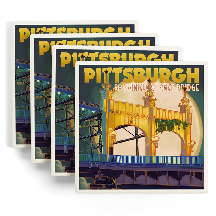 Pittsburgh, Pennsylvania, Smithfield St. Bridge & Moon, Lantern Press Artwork, Coaster Set Coasters Lantern Press 