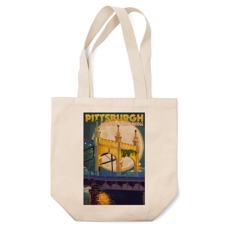 Pittsburgh, Pennsylvania, Smithfield St. Bridge & Moon, Lantern Press Artwork, Tote Bag Totes Lantern Press 