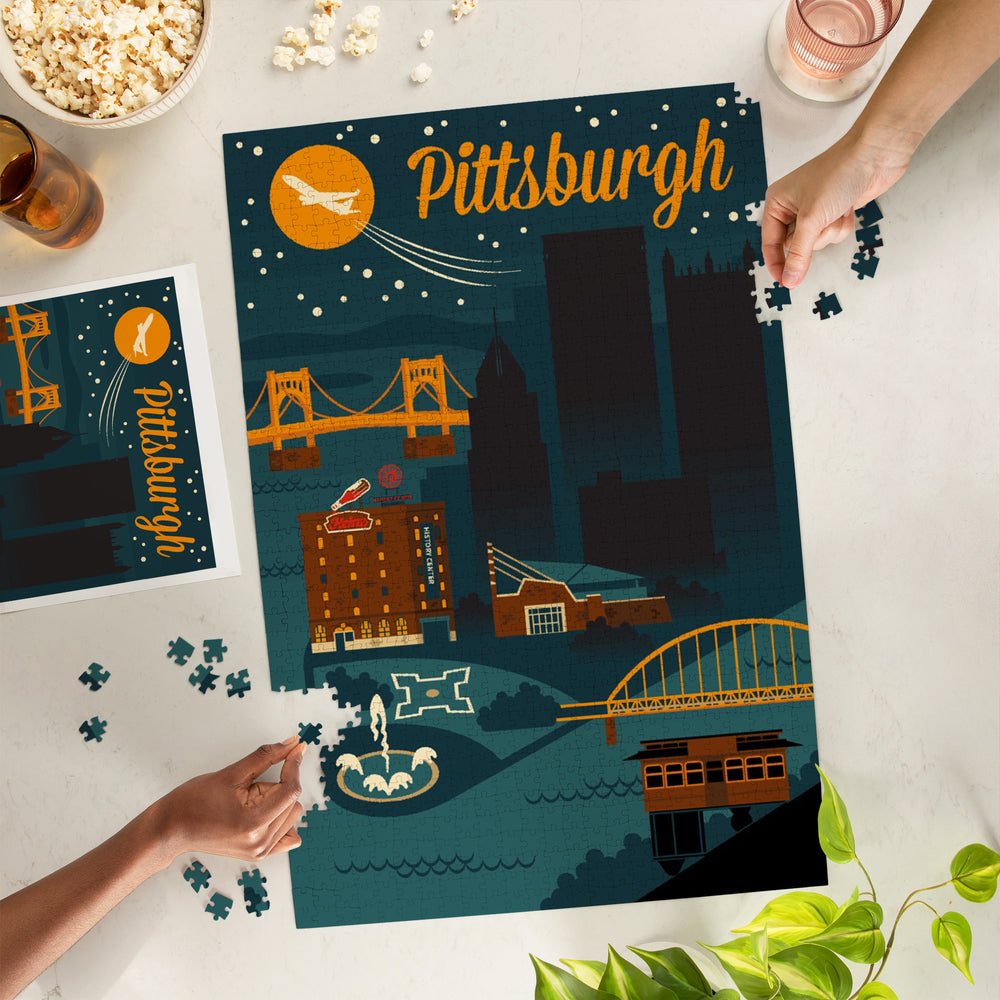Pittsburgh, Retro Skyline, Jigsaw Puzzle Puzzle Lantern Press 