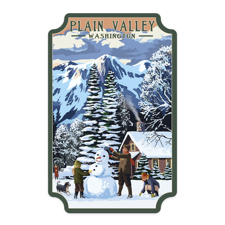 Plain Valley, Washington, Snowman Scene, Contour, Vinyl Sticker Sticker Lantern Press 